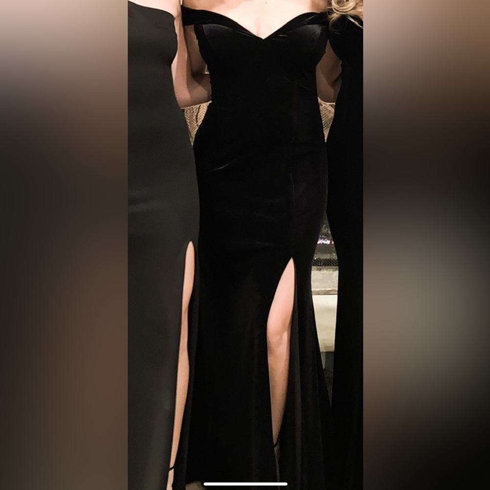 Black suede off the shoulder dress with slit on the left